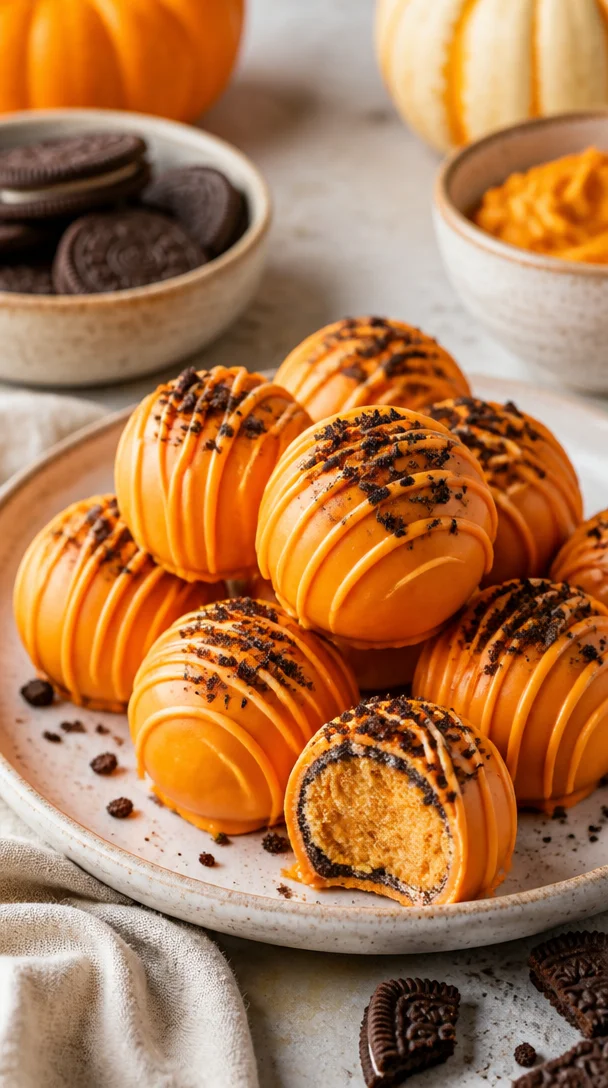 No-bake pumpkin Oreo truffles topped with chocolate and sprinkles