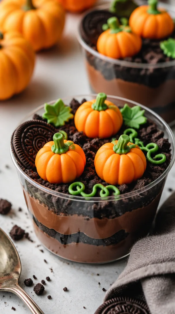 No-bake pumpkin patch dirt cups dessert with chocolate and pumpkin decoration