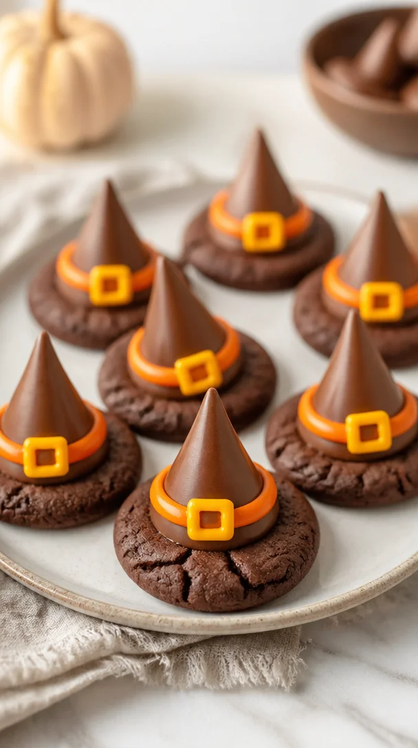 No-bake witch hat cookies decorated for Halloween