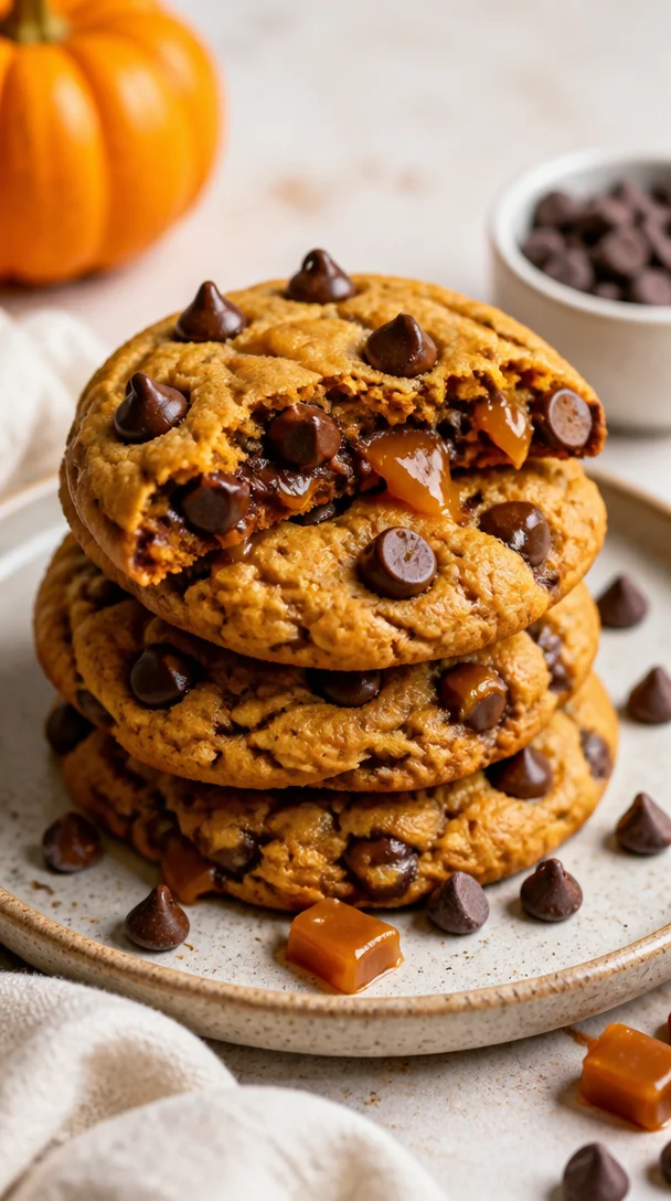 Delicious one-bowl chewy pumpkin caramel chocolate chip cookies on a plate