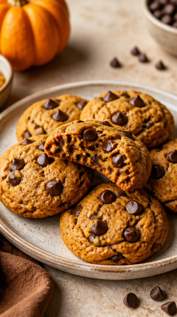 Chewy pumpkin chocolate chip cookies in a bowl, ready to enjoy this fall