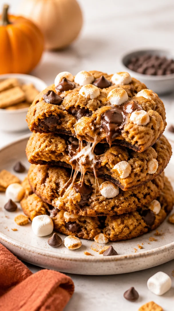 Chewy pumpkin s'mores chocolate chip cookies with chocolate and marshmallows