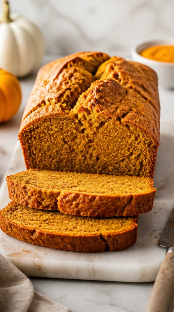 One-bowl gluten-free pumpkin bread fresh out of the oven with spices