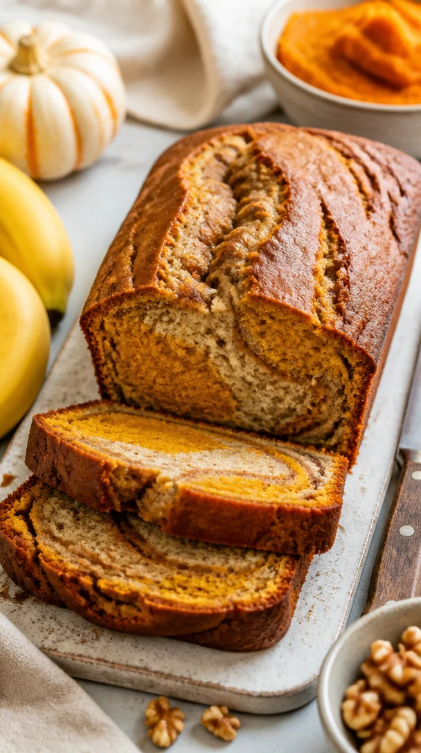 Slice of one-bowl pumpkin banana bread on a plate with autumn decorations.