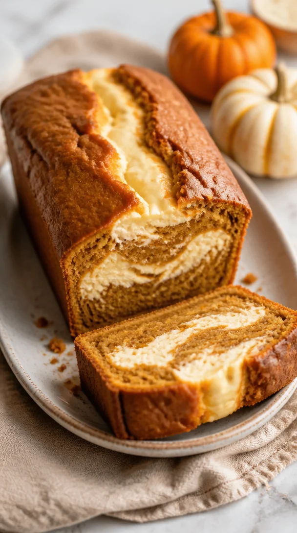 One-bowl pumpkin cheesecake bread topped with cream cheese swirls