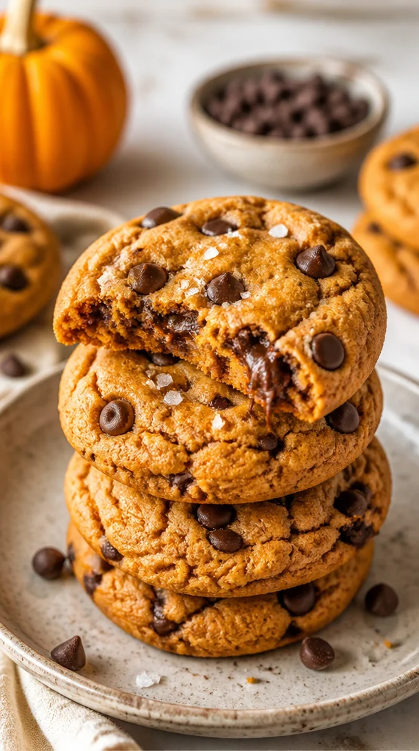 One-bowl pumpkin chewy sea salt chocolate chip cookies on a baking tray