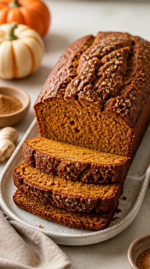 Slice of pumpkin gingerbread loaf with spices and fall decorations