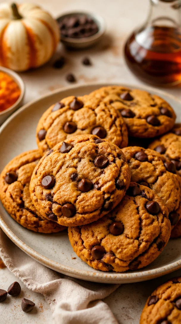 One-bowl pumpkin chocolate chip cookies, topped with maple and chocolate chips