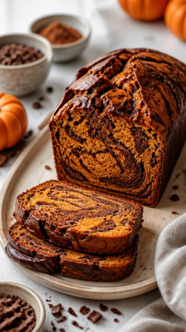 One-bowl pumpkin mocha bread topped with chocolate drizzle on a wooden table.