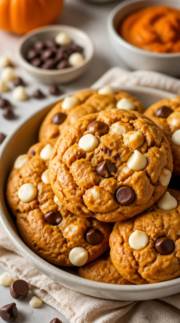 One-bowl pumpkin white chocolate chip cookies stacked on a plate