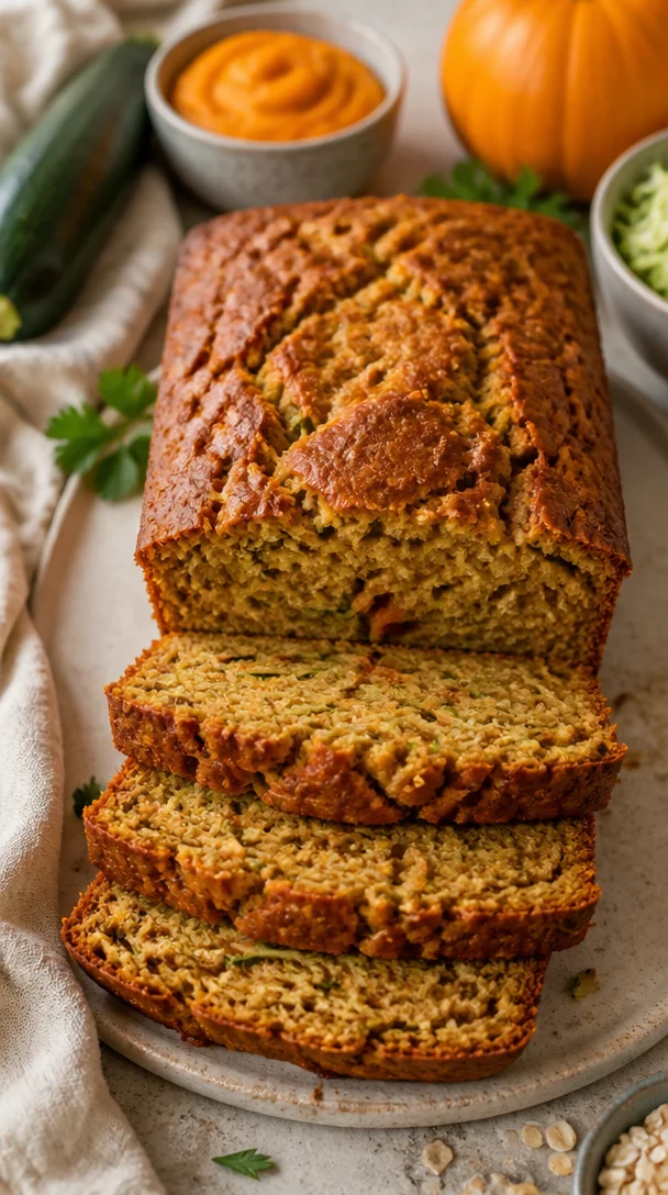 Sliced one-bowl pumpkin zucchini bread on a wooden cutting board