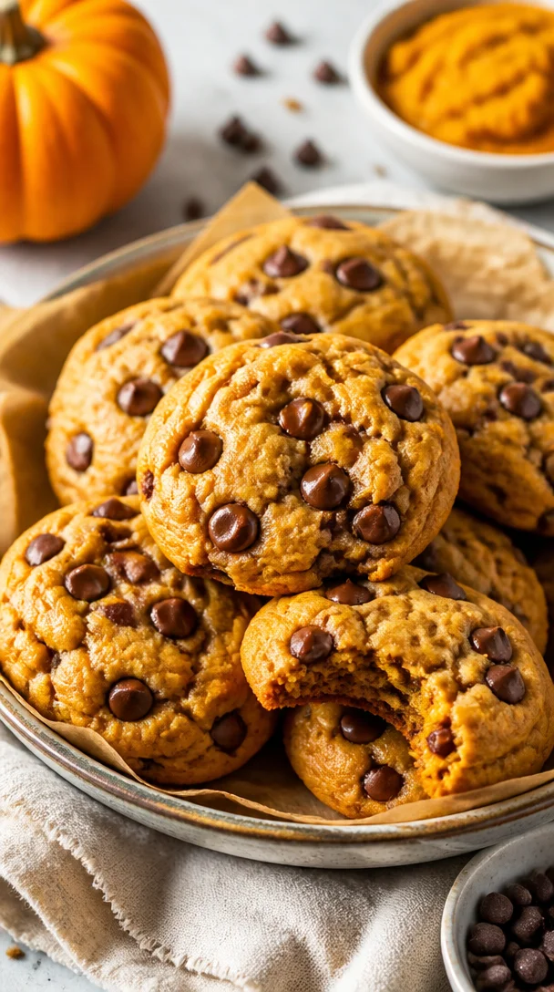 One-bowl soft pumpkin chocolate chip cookies stacked on a plate