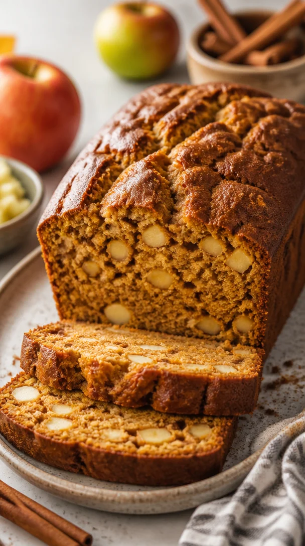 Delicious slice of Pumpkin Apple Bread with spices and fruit garnish