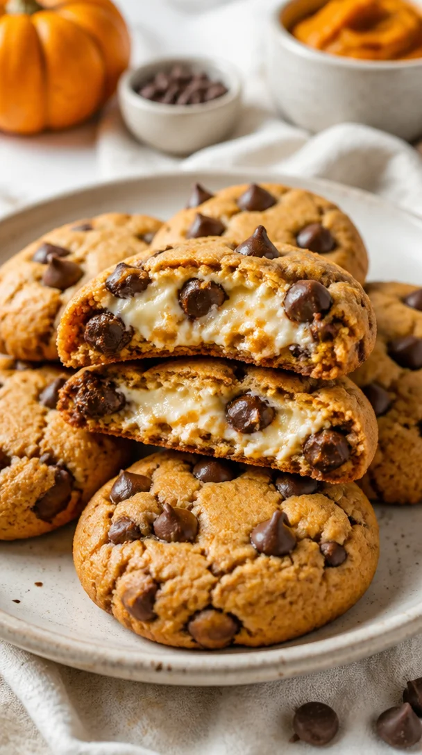 Pumpkin Cheesecake Cookies with chocolate chips on a plate
