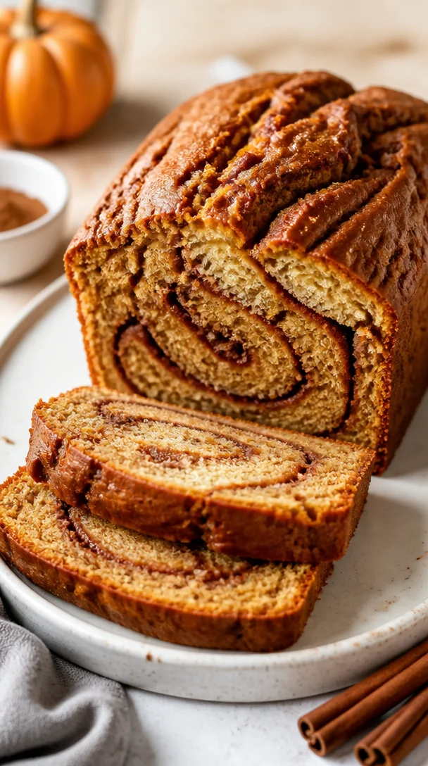 Loaf of freshly baked Pumpkin Cinnamon Swirl Bread with cinnamon swirls