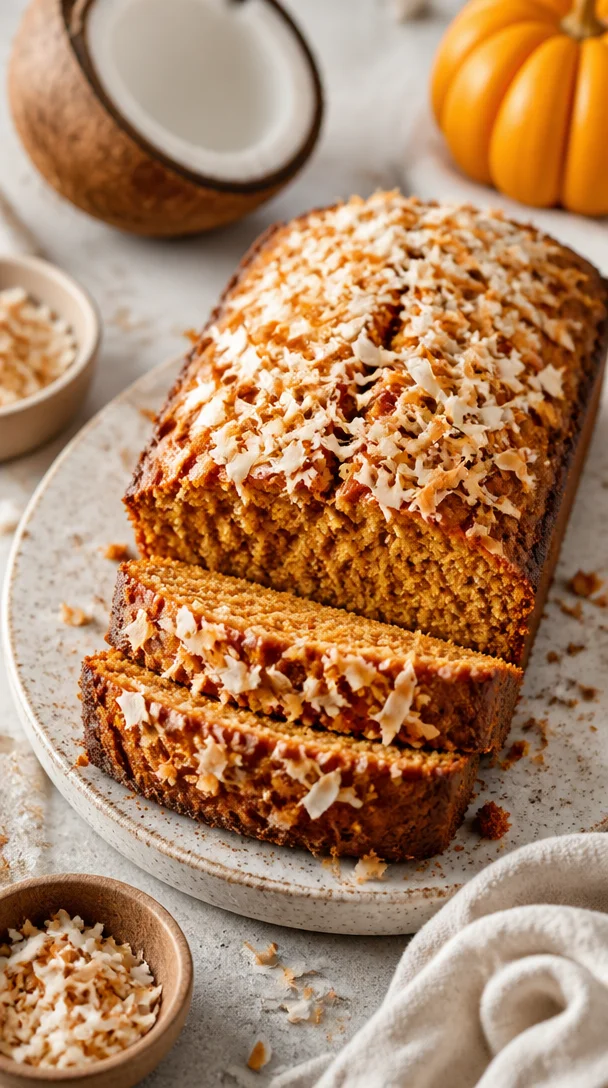 Slice of delicious Pumpkin Coconut Bread on a wooden table