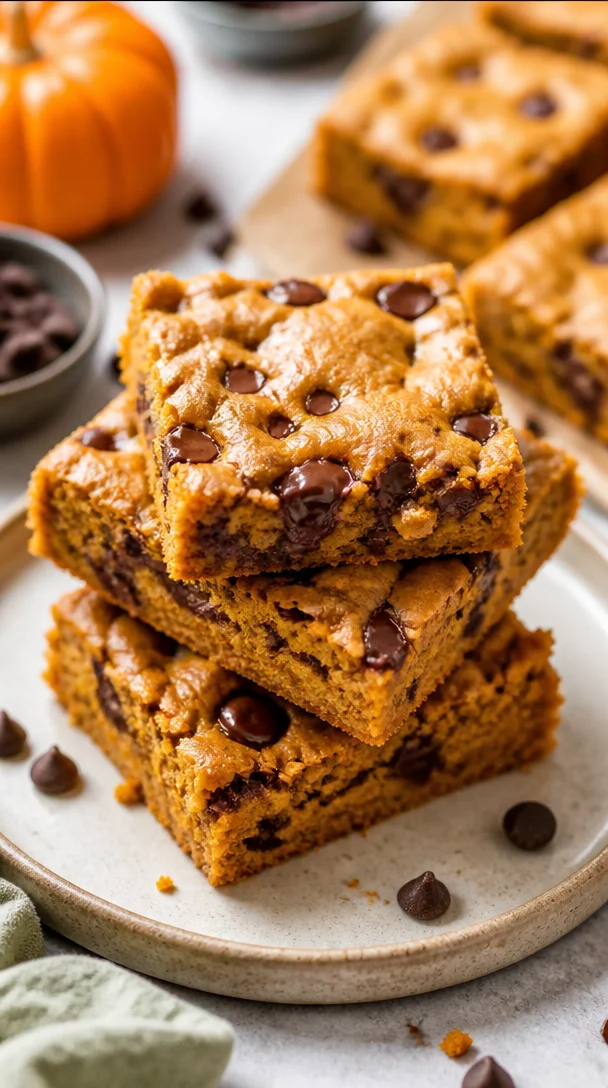 Delicious pumpkin cookie bars with chocolate chips on a rustic table