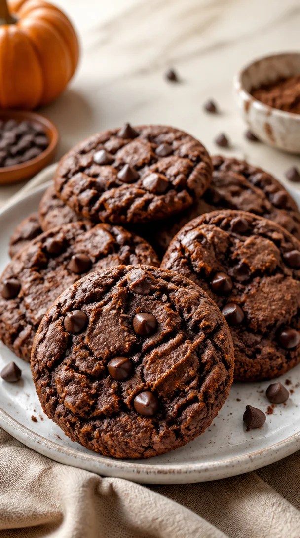 Freshly baked pumpkin double chocolate chip cookies on a plate