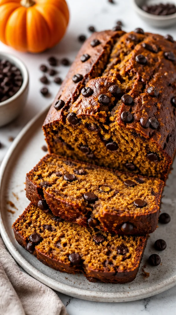 Sliced pumpkin espresso bread with coffee beans on a wooden table.