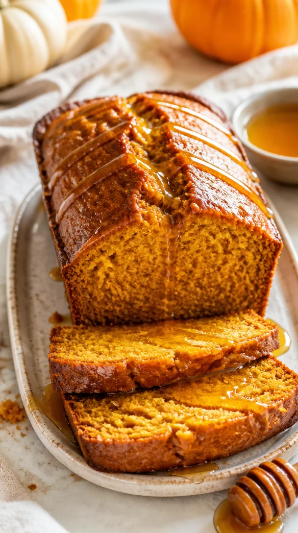 Sliced pumpkin honey bread on a wooden board, showcasing its moist texture.