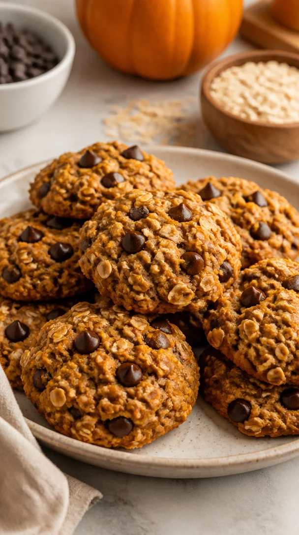 Freshly baked Pumpkin Oatmeal Chocolate Chip Cookies on a cooling rack