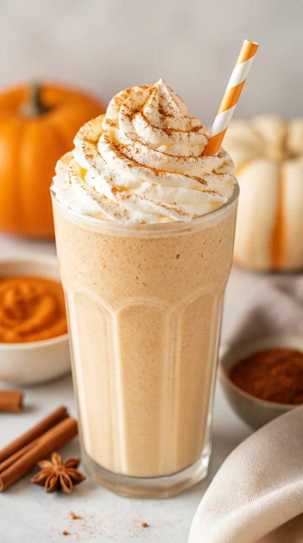 Creamy Pumpkin Spice Milkshake topped with whipped cream and spices