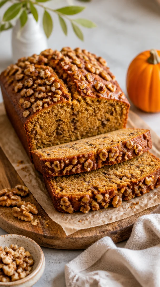 Freshly baked Pumpkin Walnut Bread with a golden crust and walnut topping