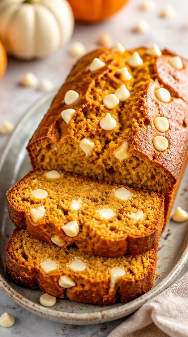 Delicious Pumpkin White Chocolate Bread loaf with chocolate pieces and autumn spices.