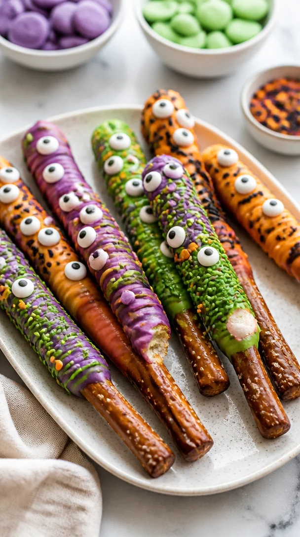 Delicious quick monster pretzel rods - a crunchy party snack.