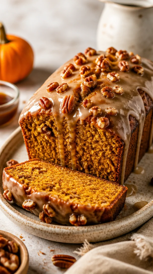 Delicious slice of seasonal maple pecan pumpkin bread drizzled with maple syrup