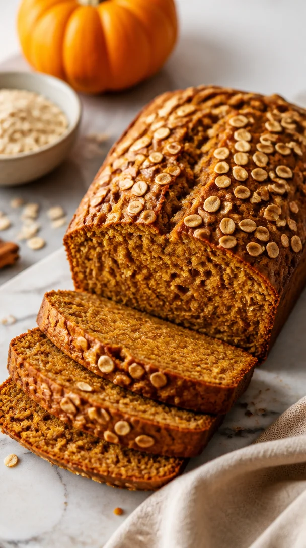 Fluffy pumpkin oat bread loaf fresh out of the oven
