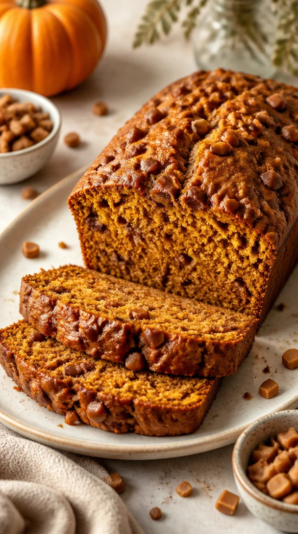A slice of seasonal pumpkin toffee bread with toffee pieces on a wooden table.