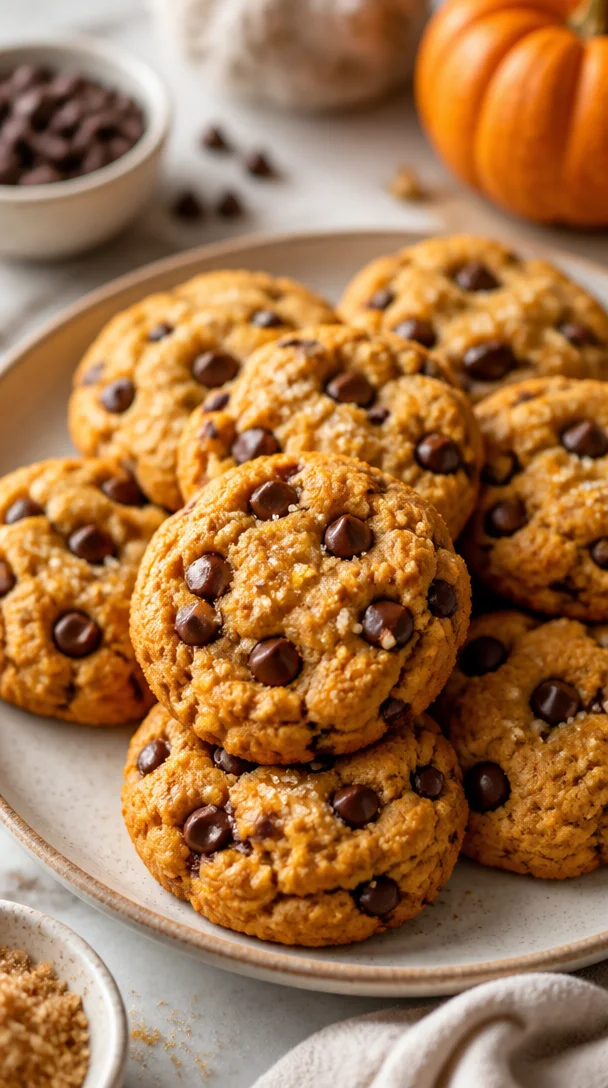 Soft pumpkin chocolate chip cookies fresh out of the oven