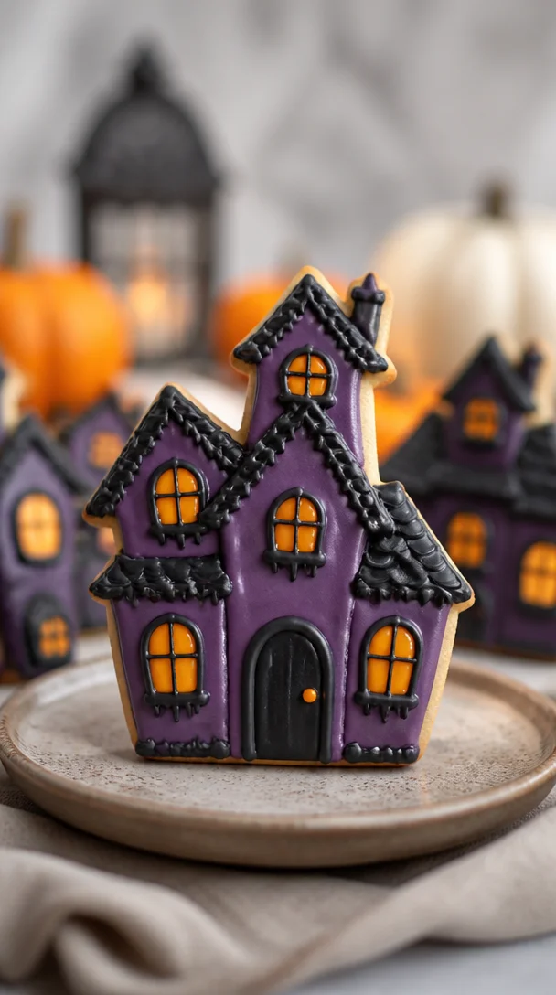 Beautifully decorated spooky haunted house cookies for Halloween