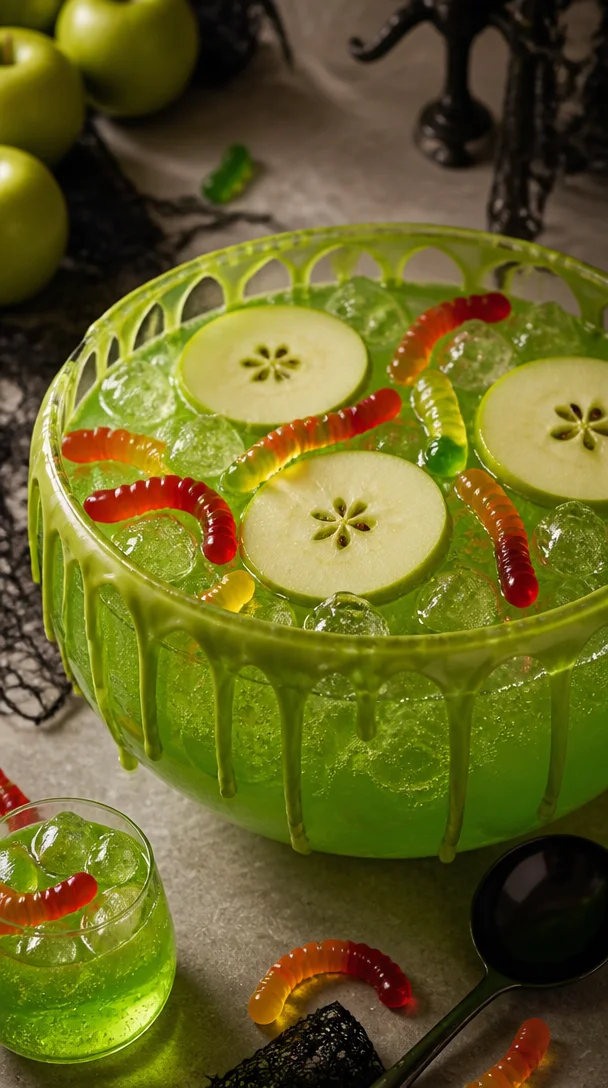 Spooky poison apple punch served in Halloween-themed cups
