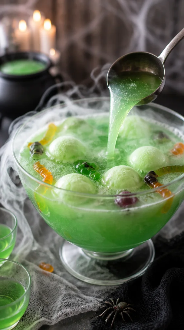 Spooky Witch's Brew Punch garnished with spooky decorations for Halloween